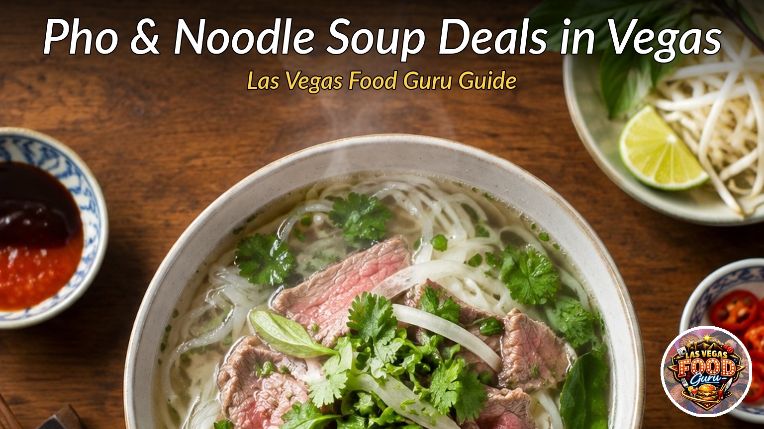 Steaming bowl of beef pho with basil, sprouts, lime and chili, with the Las Vegas Food Guru logo.